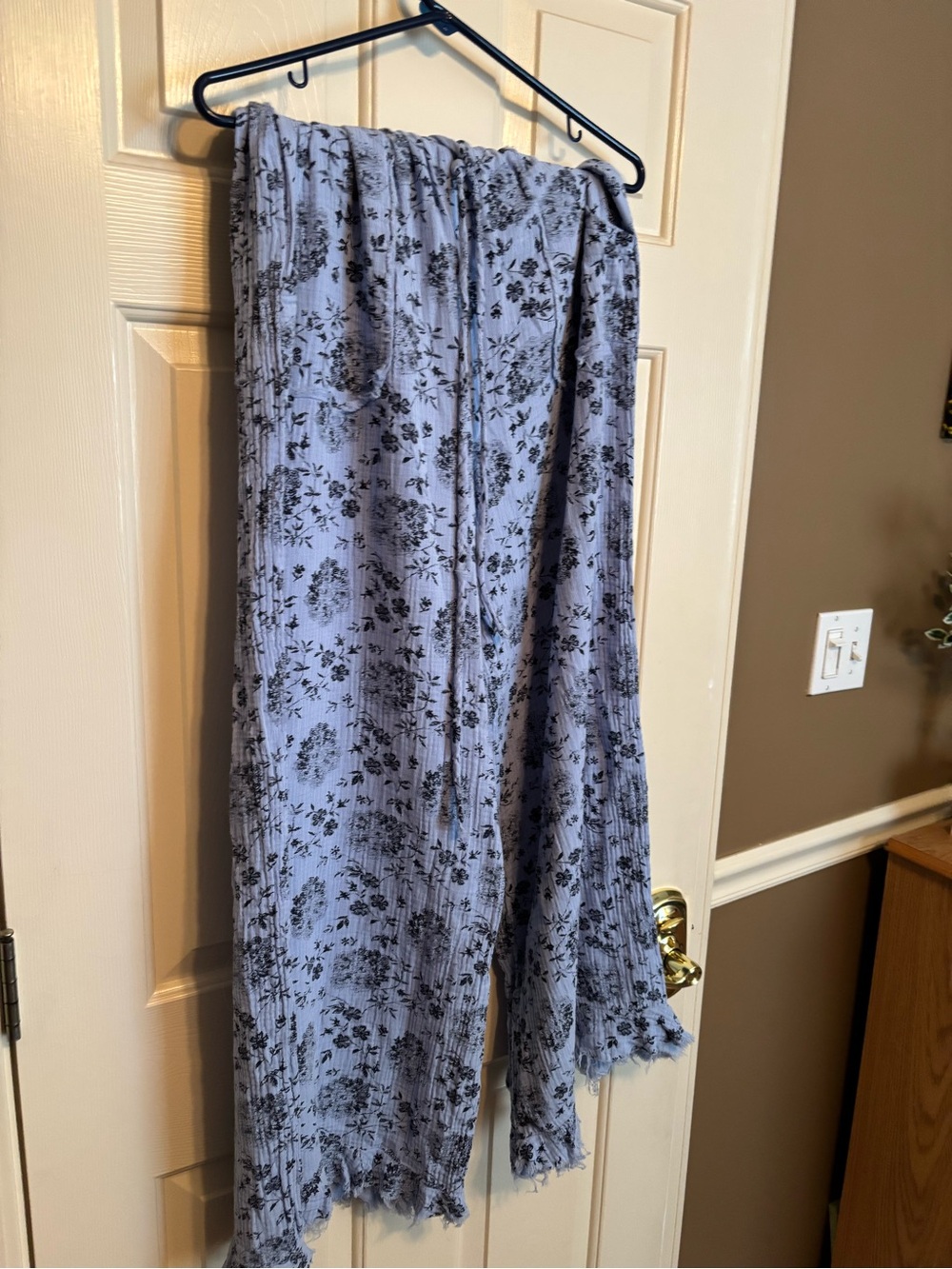 Three Bird Nest Pale Blue Floral Straight Leg Pants with Black Print